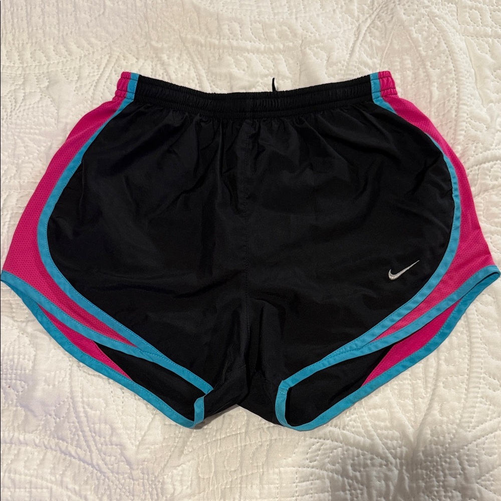 Nike Women's Black and Pink Athletic Shorts with Blue Trim